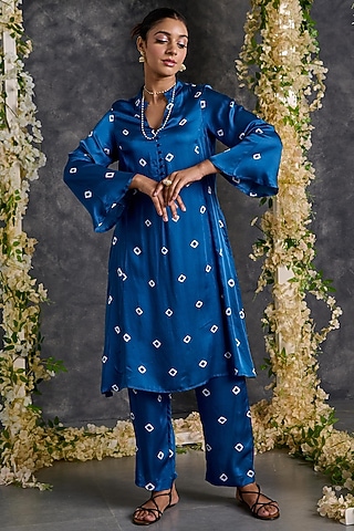 Indigo Modal Satin Bandhani Kurta Set by Gulaal Creations