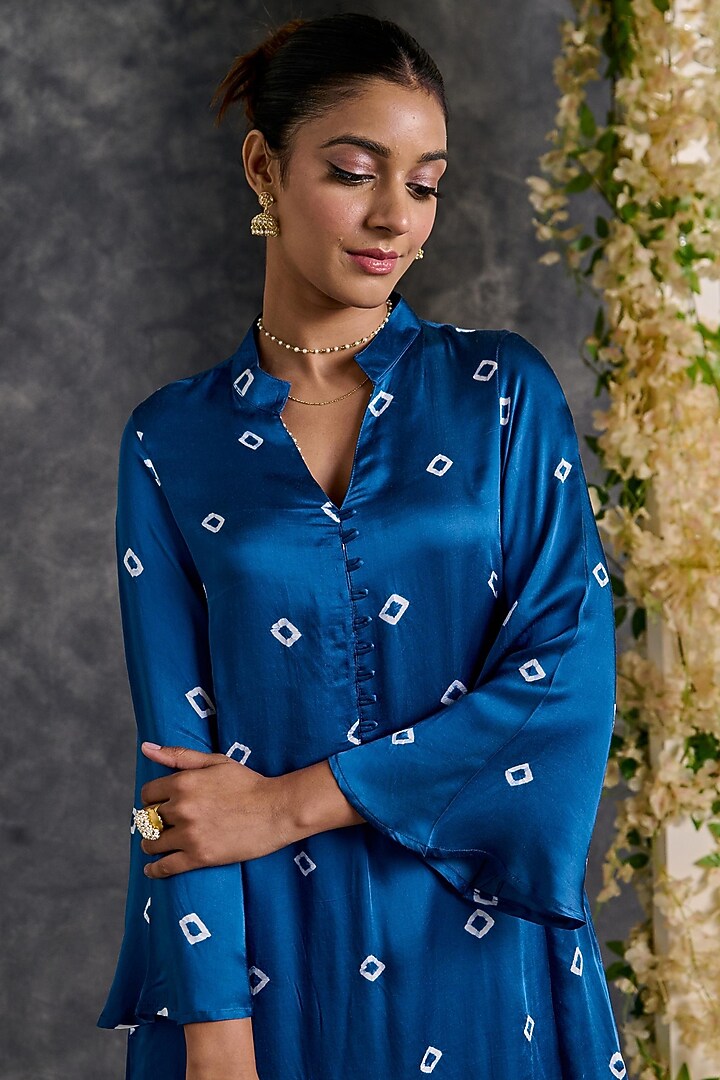 Indigo Modal Satin Bandhani Kurta Set by Gulaal Creations at Pernia's Pop Up Shop