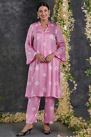 Pink Modal Satin Bandhani Kurta Set by Gulaal Creations