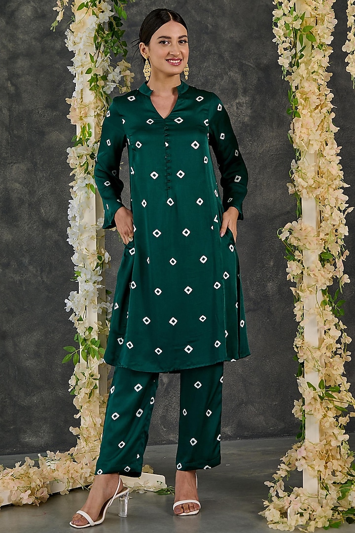 Green Modal Satin Bandhani Kurta Set by Gulaal Creations
