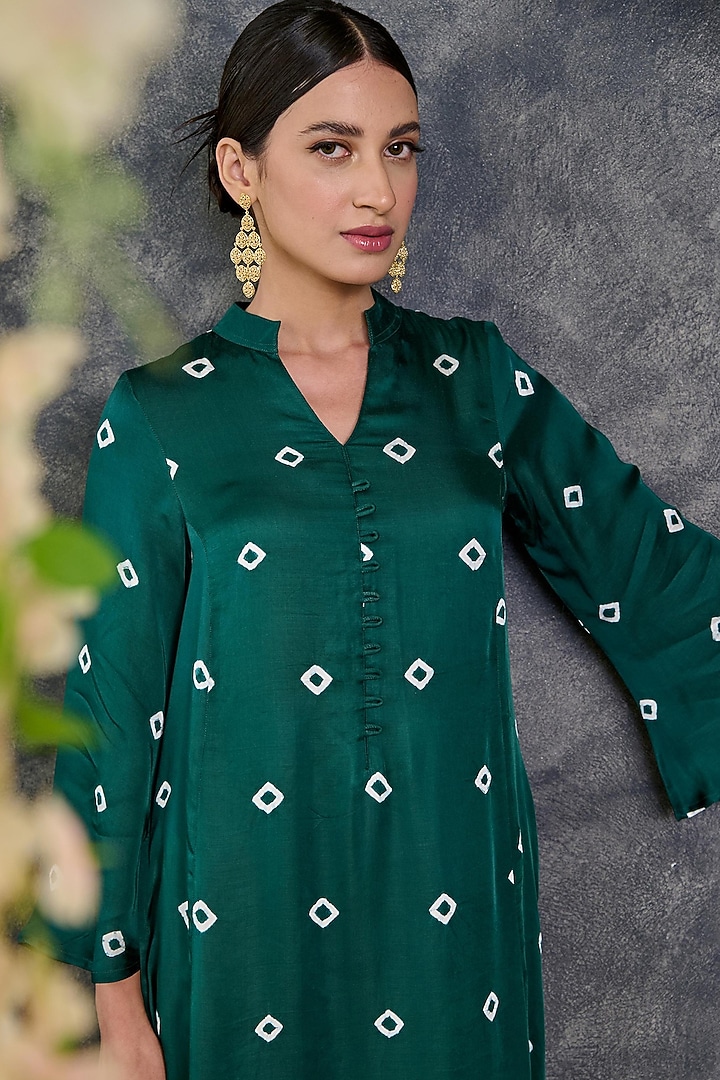Green Modal Satin Bandhani Kurta Set by Gulaal Creations at Pernia's Pop Up Shop