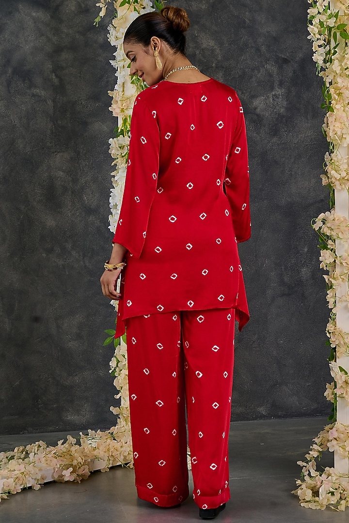 Red Modal Satin Bandhani Kurta Set by Gulaal Creations at Pernia's Pop Up Shop
