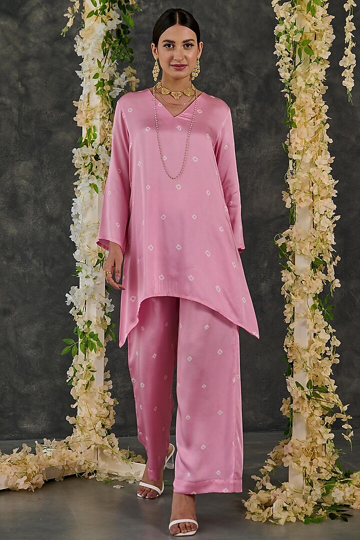 Pink Modal Satin Bandhani Kurta Set by Gulaal Creations