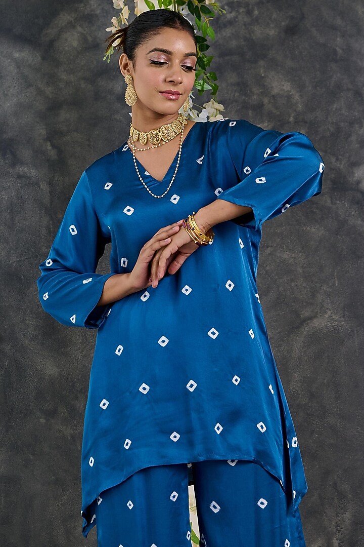 Indigo Modal Satin Bandhani Kurta Set by Gulaal Creations at Pernia's Pop Up Shop