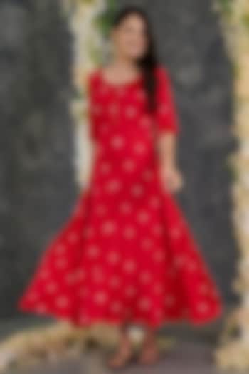 Red Modal Satin Bandhani Flared Dress by Gulaal Creations