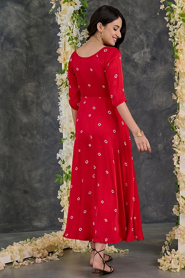 Red Modal Satin Bandhani Flared Summer Dress by Gulaal Creations at Pernia's Pop Up Shop