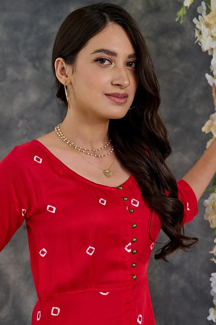 Red Modal Satin Bandhani Flared Summer Dress by Gulaal Creations at Pernia's Pop Up Shop
