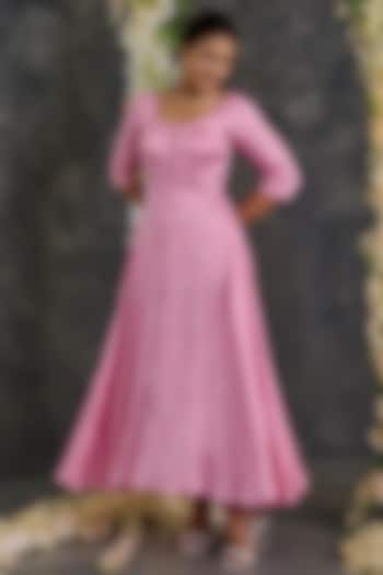 Pink Modal Satin Bandhani Flared Dress by Gulaal Creations