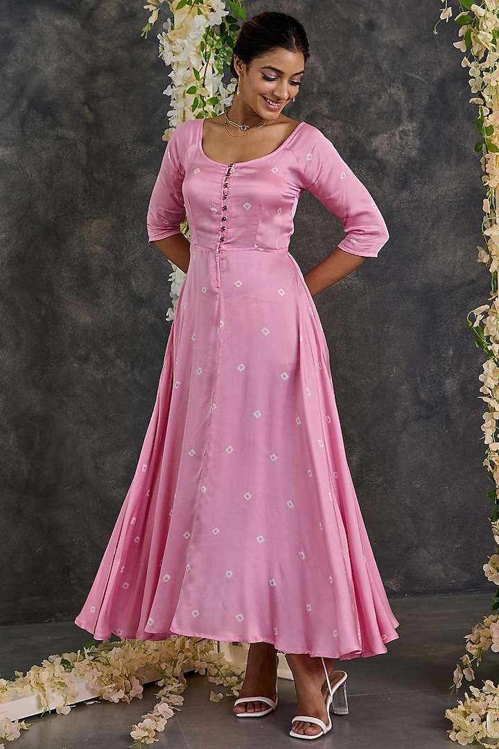 Pink Modal Satin Bandhani Flared Dress by Gulaal Creations