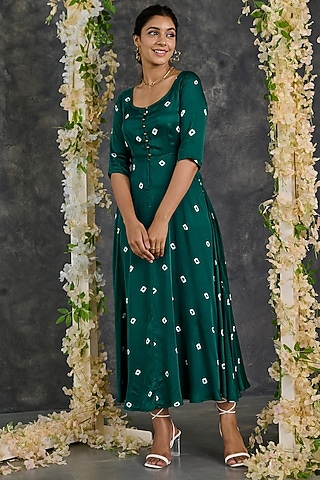 Green Modal Satin Bandhani Flared Dress by Gulaal Creations