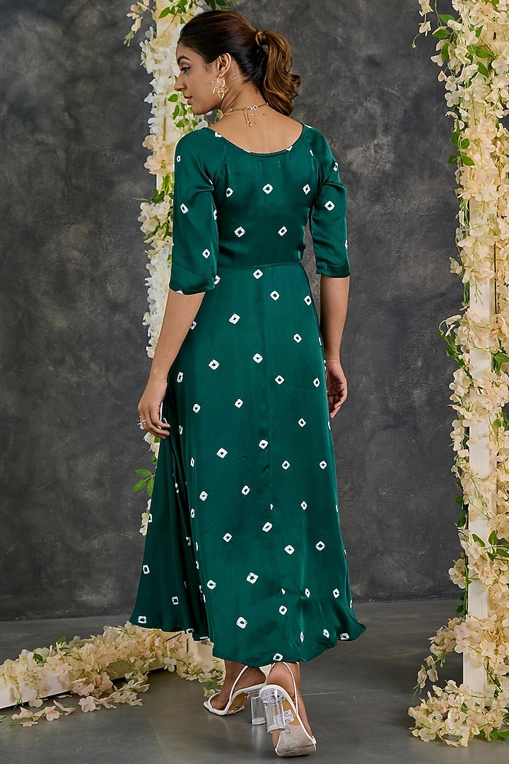 Green Modal Satin Bandhani Flared Summer Dress by Gulaal Creations at Pernia's Pop Up Shop