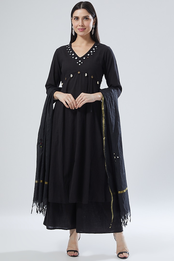 Black Cotton Embroidered Kurta Set by Gulaal Creations