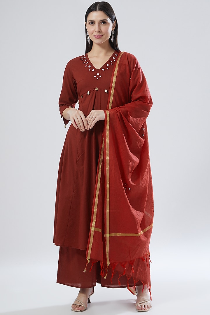 Red Cotton Embroidered Kurta Set by Gulaal Creations