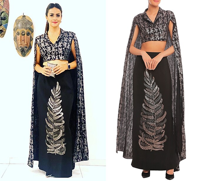 Black Printed Cape Sleeve Crop Blazer With Skirt by Masaba at Pernia's Pop Up Shop