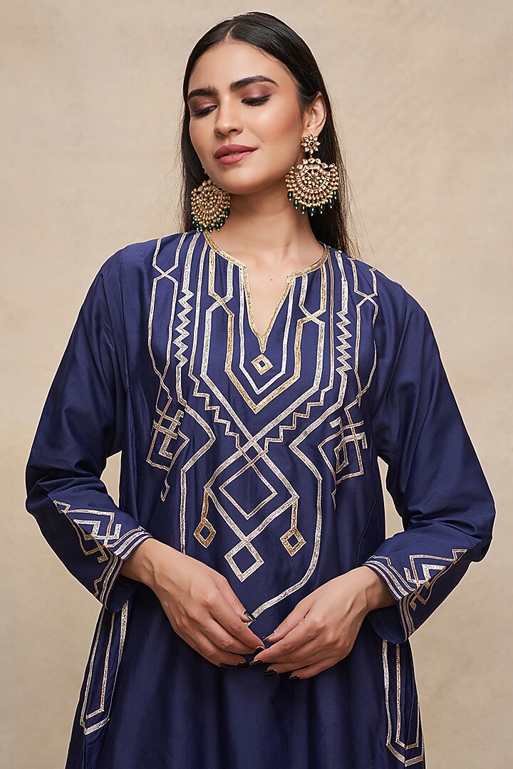 Indigo Pure Chanderi Silk A-Line Kurta by Gulabo By Abu Sandeep at Pernia's Pop Up Shop