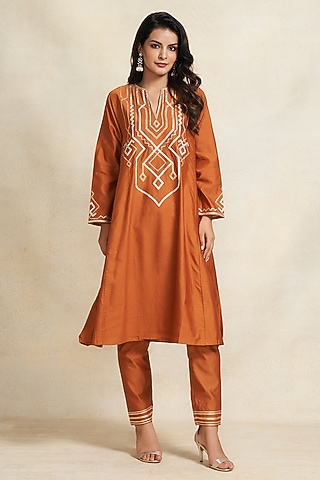 Dark Rust Pure Chanderi Silk A-Line Kurta by Gulabo By Abu Sandeep