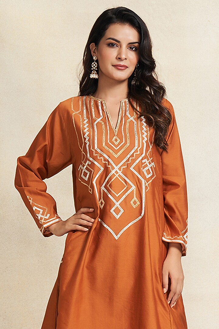Dark Rust Pure Chanderi Silk A-Line Kurta by Gulabo By Abu Sandeep at Pernia's Pop Up Shop