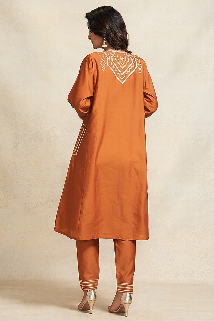 Dark Rust Pure Chanderi Silk A-Line Kurta by Gulabo By Abu Sandeep at Pernia's Pop Up Shop