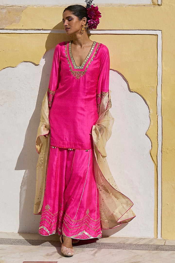 Hot Pink Silk Hand Embroidered Wedding Sharara Set by Raji ramniq at Pernia's Pop Up Shop