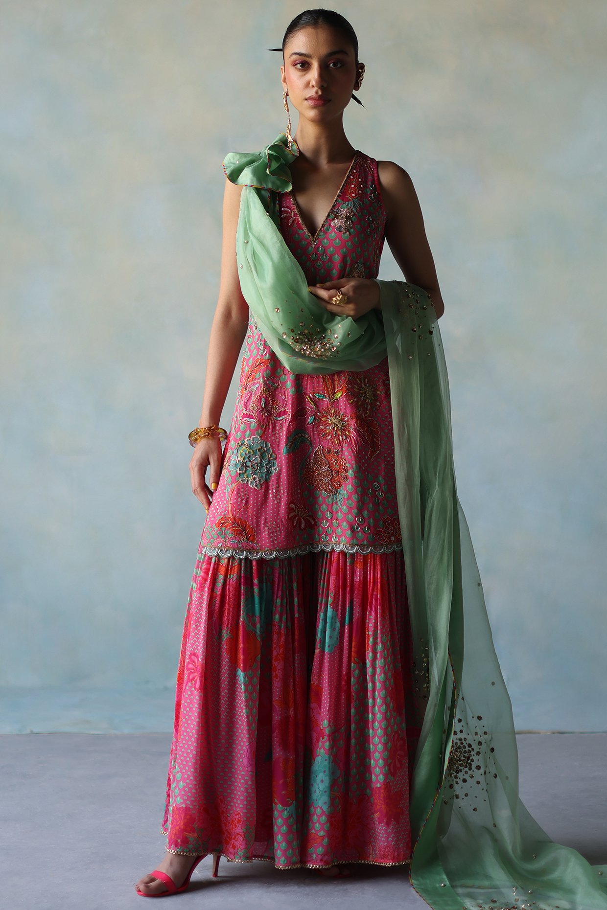 Bright Pink Crepe Printed Gharara Set by Raji ramniq at Pernia's Pop Up Shop