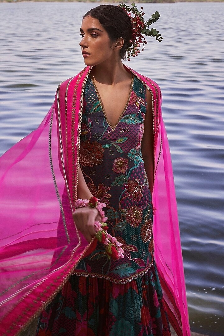 Teal Blue Crepe Printed Gharara Set by Raji ramniq at Pernia's Pop Up Shop