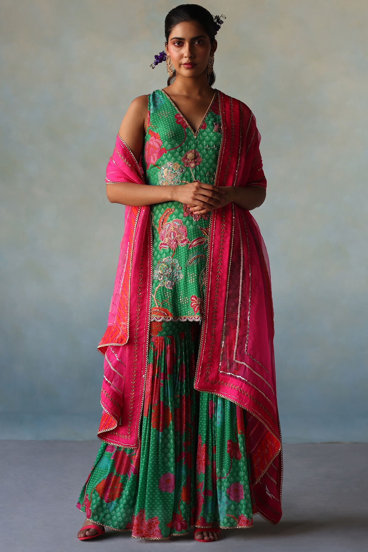 Green Crepe Printed Gharara Set by Raji ramniq at Pernia's Pop Up Shop