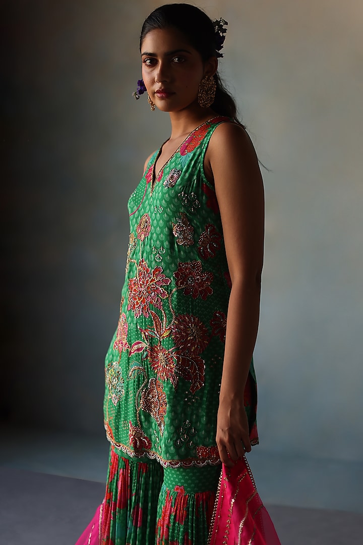 Green Crepe Printed Gharara Set by Raji ramniq at Pernia's Pop Up Shop