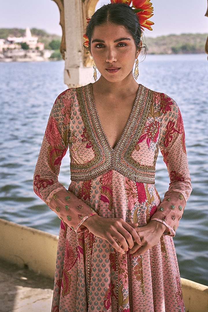 Nude Pink Crepe Printed & Hand Embroidered Wedding Anarkali Set by Raji Ramniq at Pernia's Pop Up Shop
