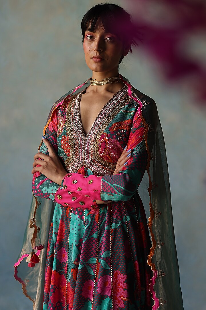 Teal Crepe Printed & Hand Embroidered Wedding Anarkali Set by Raji Ramniq at Pernia's Pop Up Shop