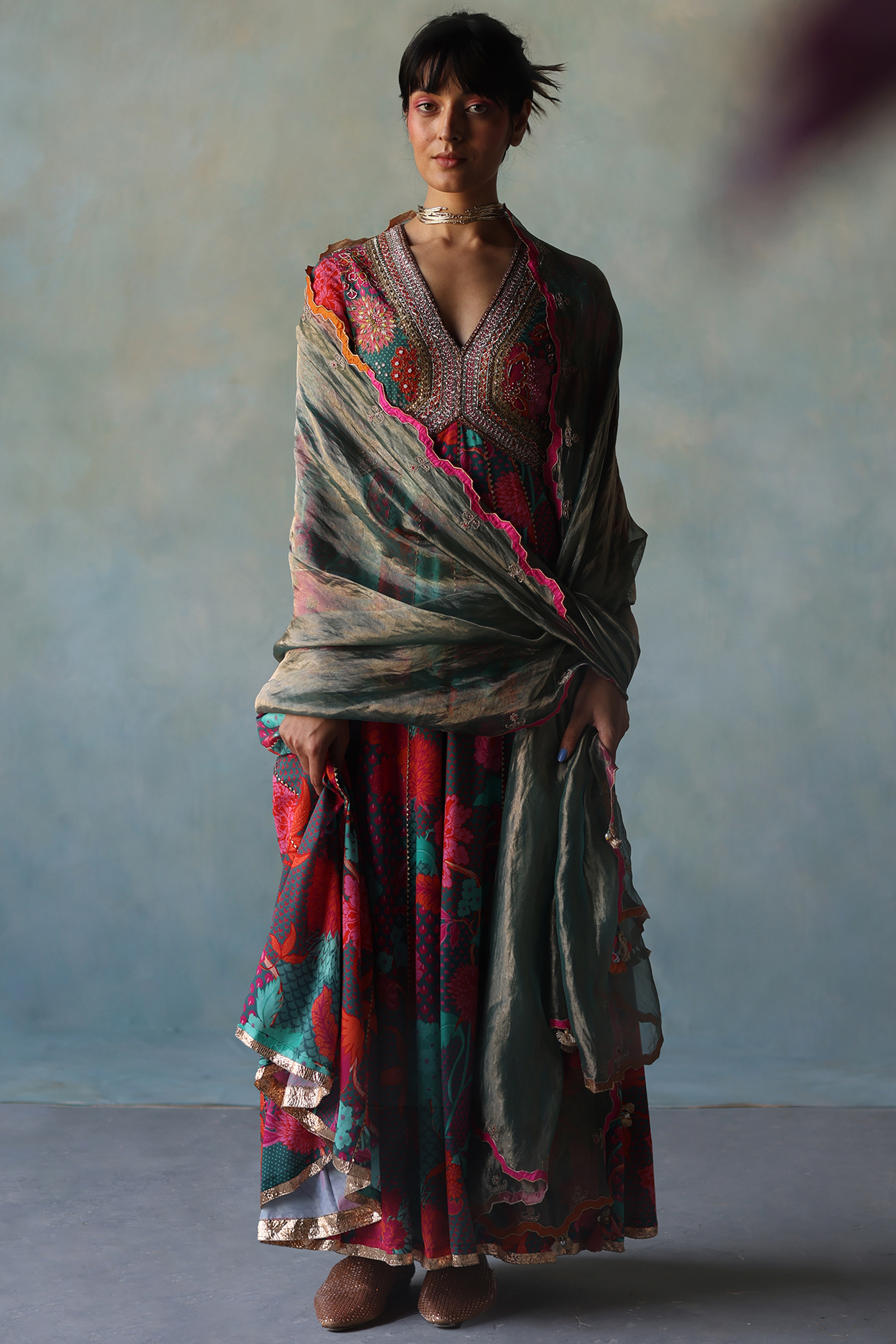 Teal Crepe Printed & Hand Embroidered Wedding Anarkali Set by Raji Ramniq at Pernia's Pop Up Shop