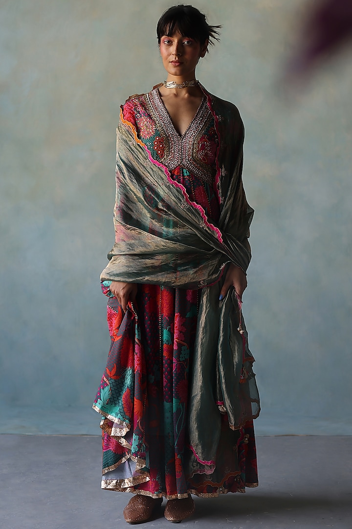 Teal Crepe Printed & Hand Embroidered Wedding Anarkali Set by Raji Ramniq at Pernia's Pop Up Shop