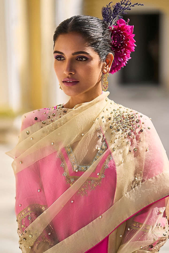 Hot Pink Silk Hand Embroidered Wedding Sharara Set by Raji ramniq at Pernia's Pop Up Shop