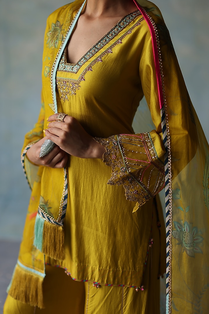 Lime Yellow Silk Hand Embroidered Wedding Sharara Set by Raji ramniq at Pernia's Pop Up Shop