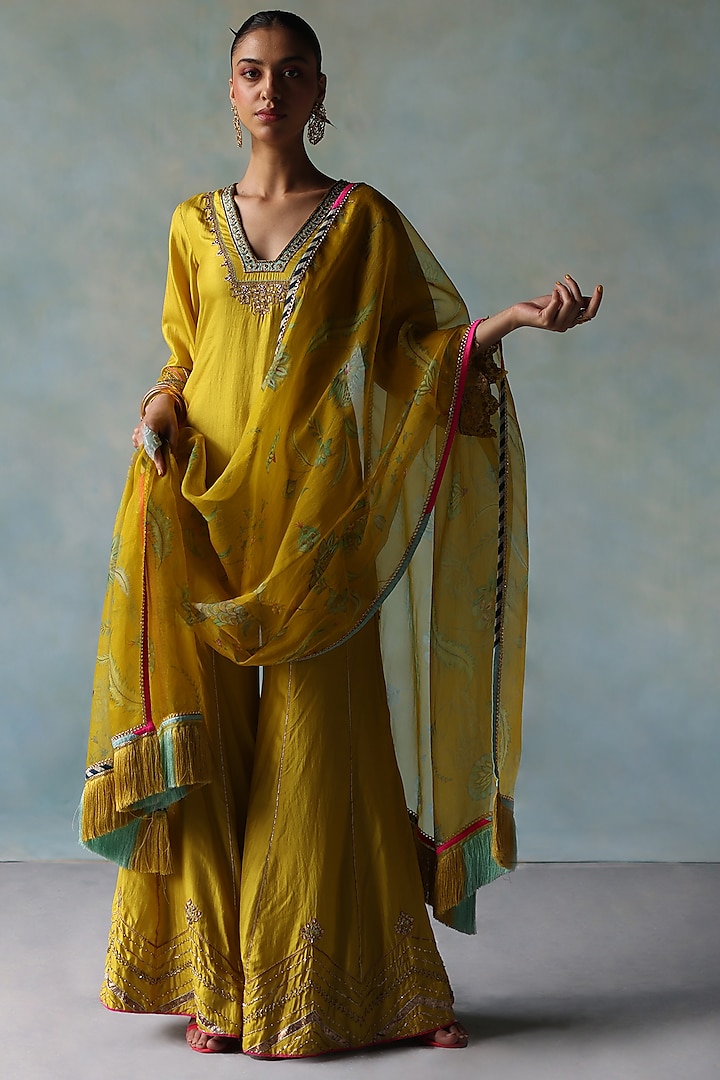 Lime Yellow Silk Hand Embroidered Wedding Sharara Set by Raji ramniq at Pernia's Pop Up Shop