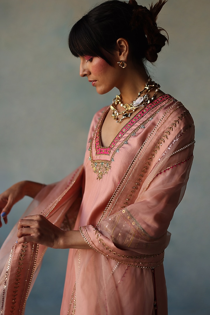 Nude Pink Silk Hand Embroidered Wedding Sharara Set by Raji ramniq at Pernia's Pop Up Shop