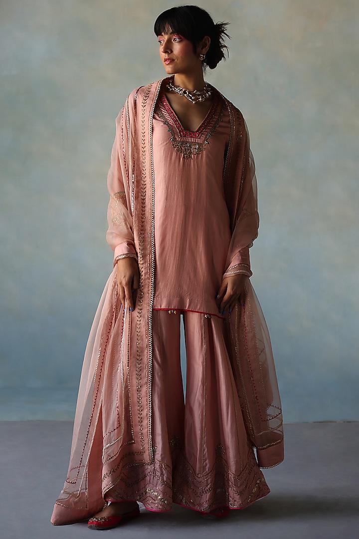 Nude Pink Silk Hand Embroidered Wedding Sharara Set by Raji ramniq at Pernia's Pop Up Shop