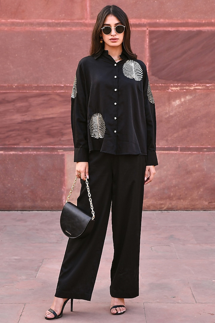 Black Cotton Embroidered Shirt by Gulaal Creations
