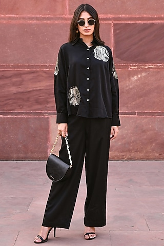 Black Cotton Embroidered Shirt by Gulaal Creations