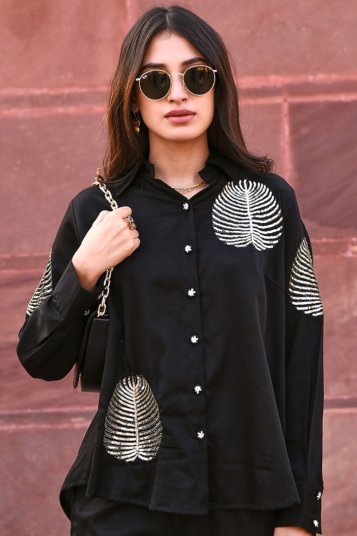Black Cotton Embroidered Shirt by Gulaal Creations at Pernia's Pop Up Shop
