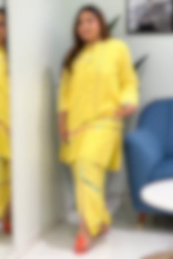 Yellow Linen Band Collar Kurta & Striped Dhoti Pants by Wendell Rodricks at Pernia's Pop Up Shop