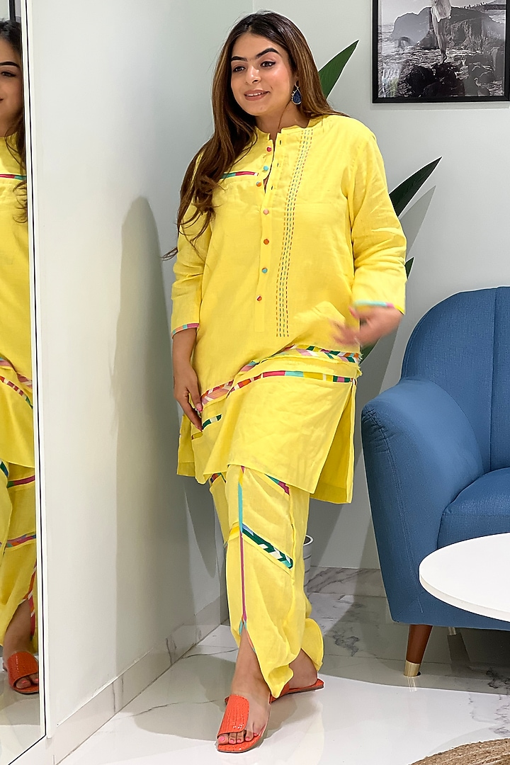 Yellow Linen Band Collar Kurta & Striped Dhoti Pants by Wendell Rodricks at Pernia's Pop Up Shop
