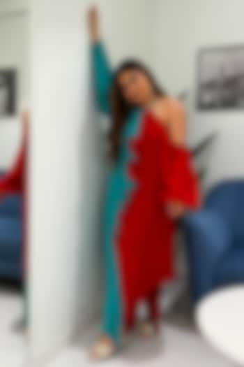 Cyan & Red Flame Cascade Summer Dress by Wendell Rodricks at Pernia's Pop Up Shop