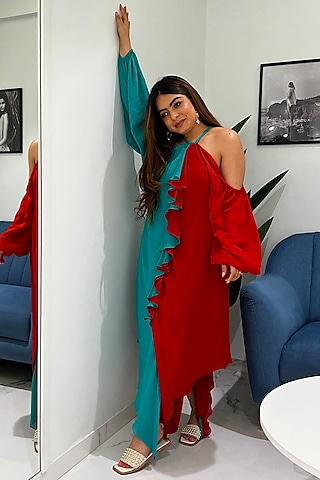 Cyan & Red Flame Cascade Dress by Wendell Rodricks