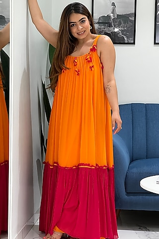 Flame Orange & Ruby Gathered Gown by Wendell Rodricks
