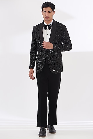 Black Italian Lycra Hand Embroidered Tuxedo Set by Gaurav & Apoorva