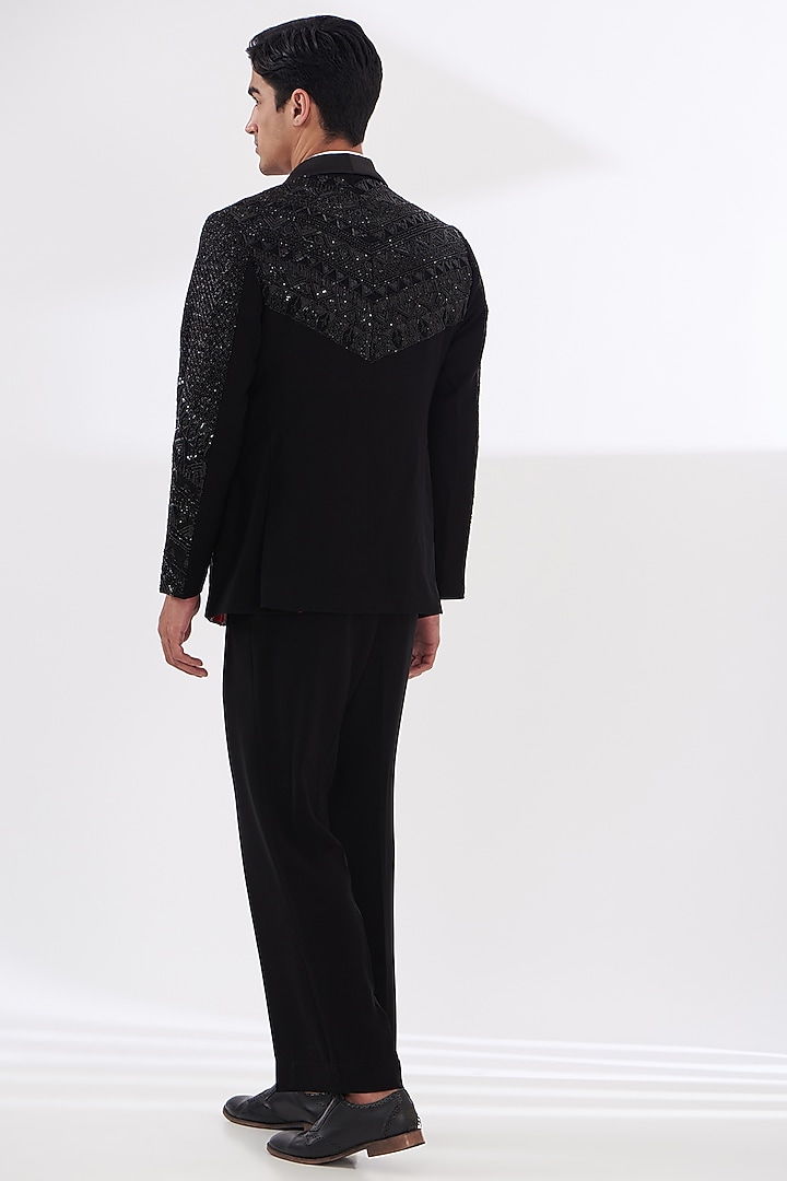 Black Italian Lycra Hand Embroidered Tuxedo Set by Gaurav & Apoorva at Pernia's Pop Up Shop