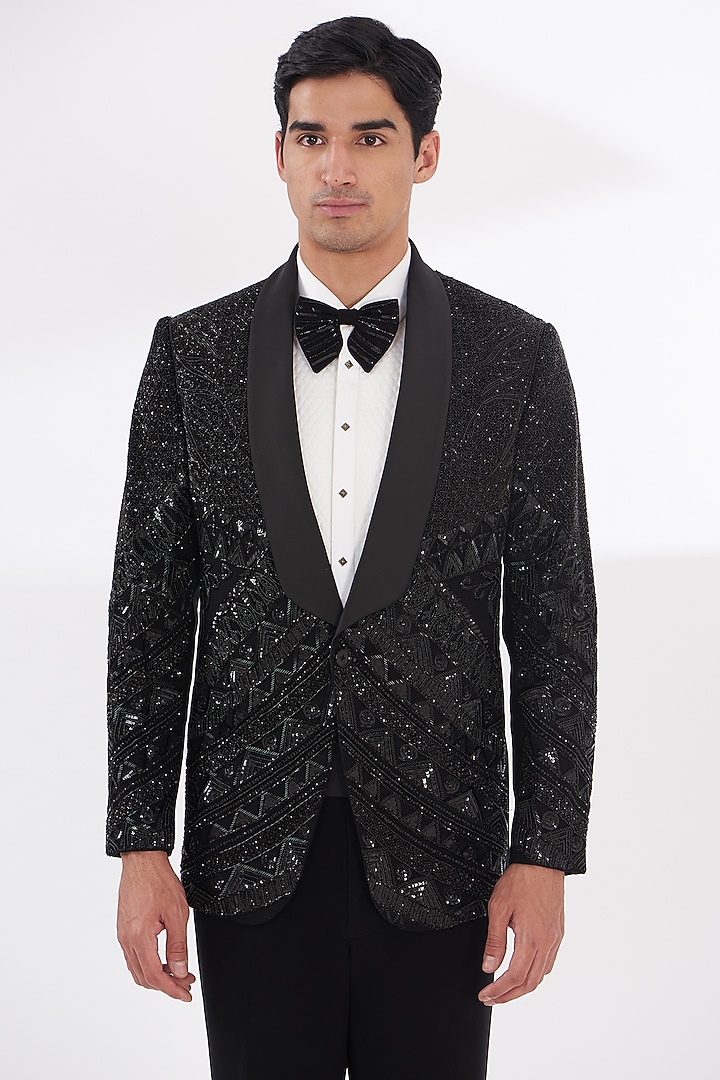 Black Italian Lycra Hand Embroidered Tuxedo Set by Gaurav & Apoorva at Pernia's Pop Up Shop