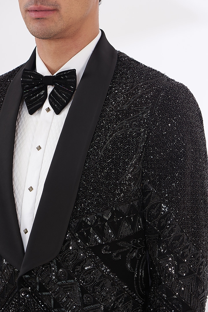 Black Italian Lycra Hand Embroidered Tuxedo Set by Gaurav & Apoorva at Pernia's Pop Up Shop