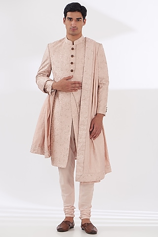 Pink Silk Thread Embroidered Sherwani Set by Gaurav & Apoorva