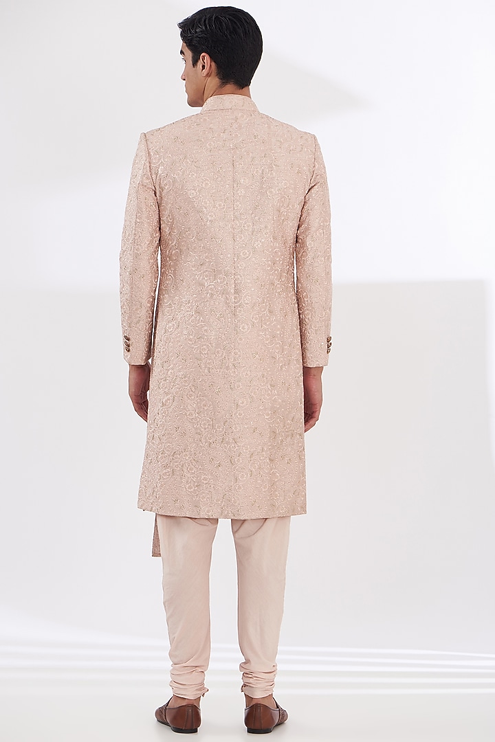 Pink Silk Thread Embroidered Groom Sherwani Set by Gaurav & Apoorva at Pernia's Pop Up Shop